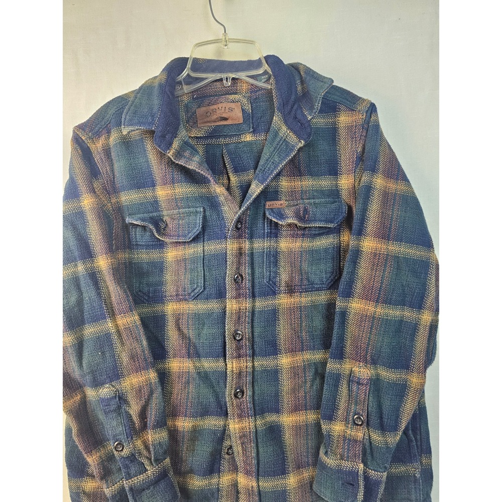 Orvis Mens Small Plaid Flannel Button Down Shirt Blue Green Yellow Heavyweight